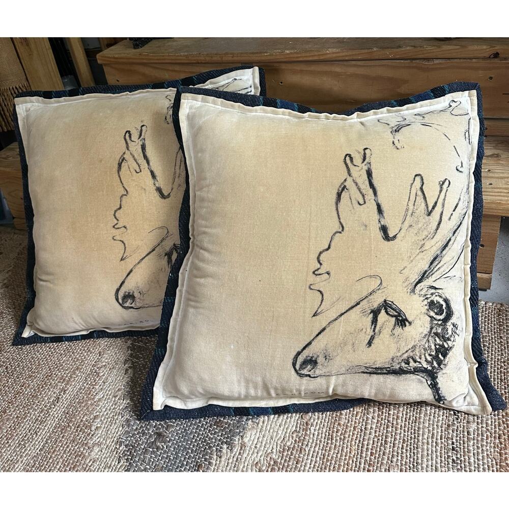 Anthropologie northwood-pillows set pair creative Growth Frann Lusson moose - Picture 4 of 16